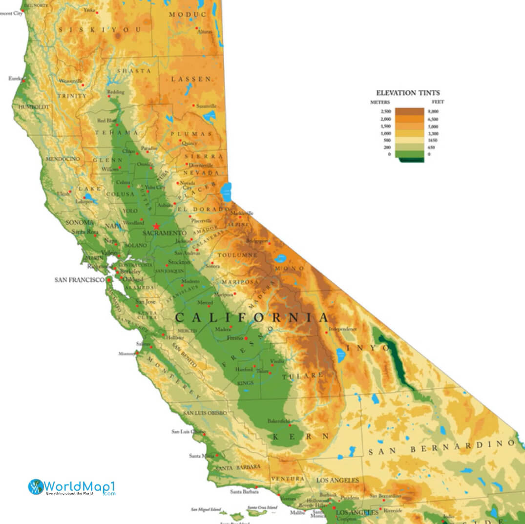 Physical Map of California